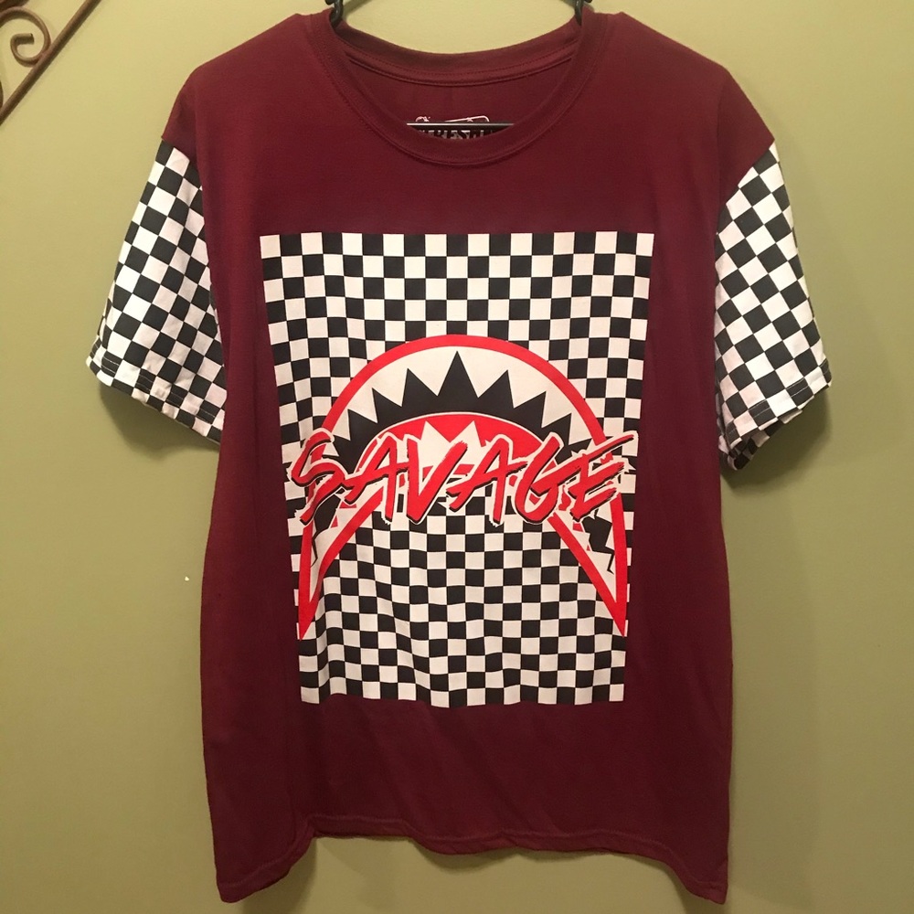 Fresh Laundry “SAVAGE” Burgundy/Checkerboard Shirt